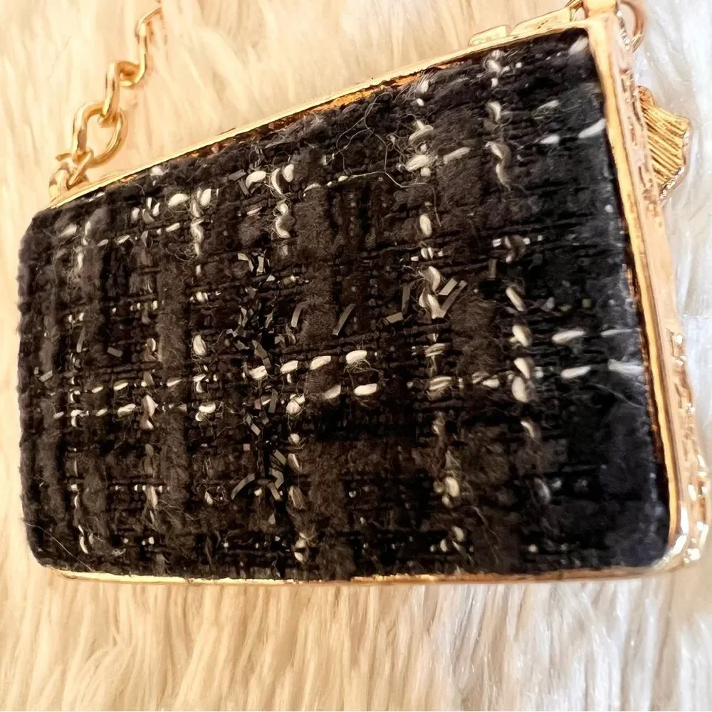 Elegant Black and Gold Plaid Bag Keychain Bag Charm NEW